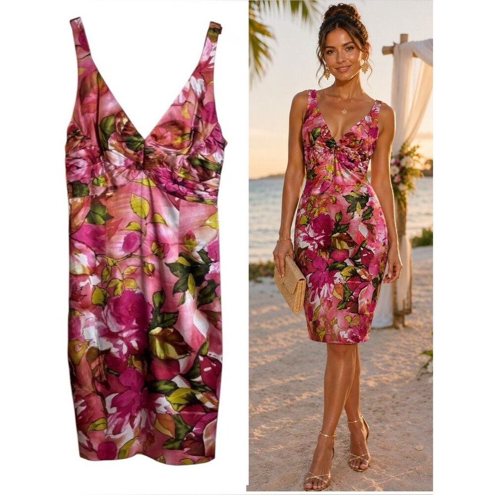 David Meister Pink & Green Floral Silk Sleeveless Empire Waist Dress Size 10